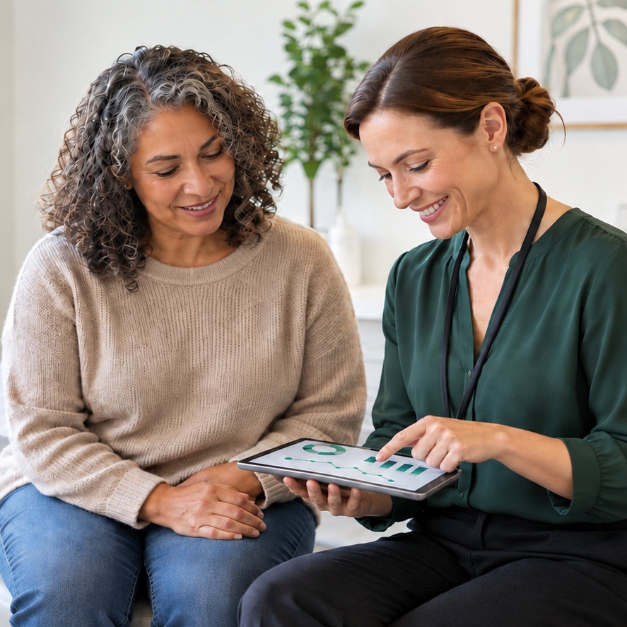A clinician and patient reviewing health results on a tablet